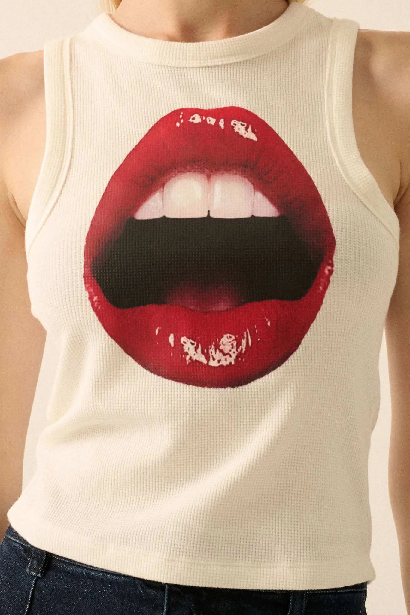 Lush Lips Crew-Neck Thermal Graphic Tank Top
