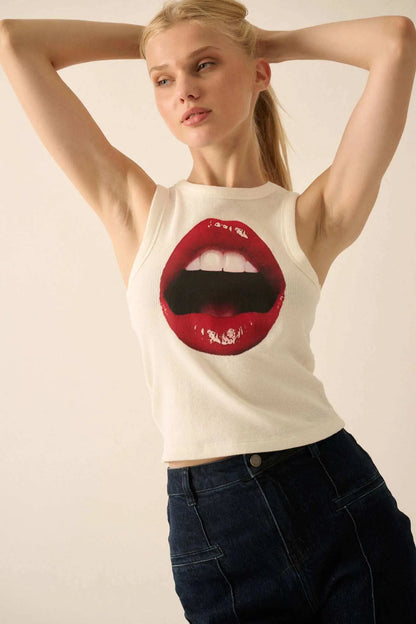 Lush Lips Crew-Neck Thermal Graphic Tank Top