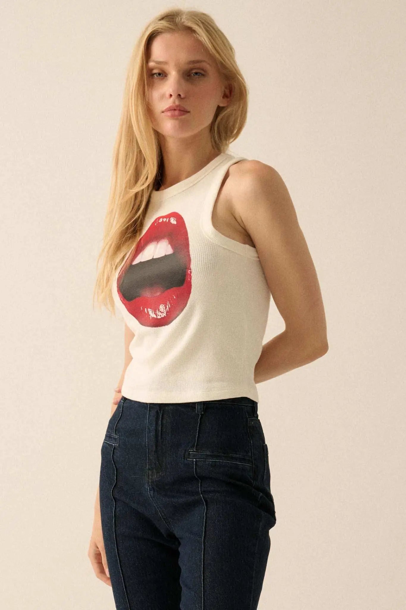 Lush Lips Crew-Neck Thermal Graphic Tank Top