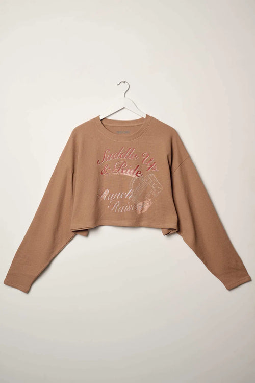 Saddle Up & Ride Cropped Thermal Graphic Top