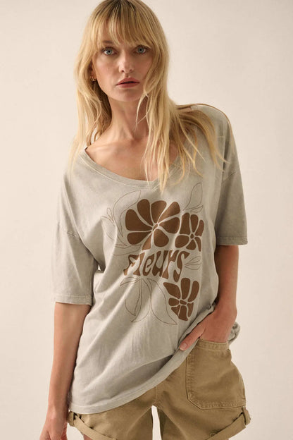 Fleurs Vintage-Wash V-Neck Graphic Tee