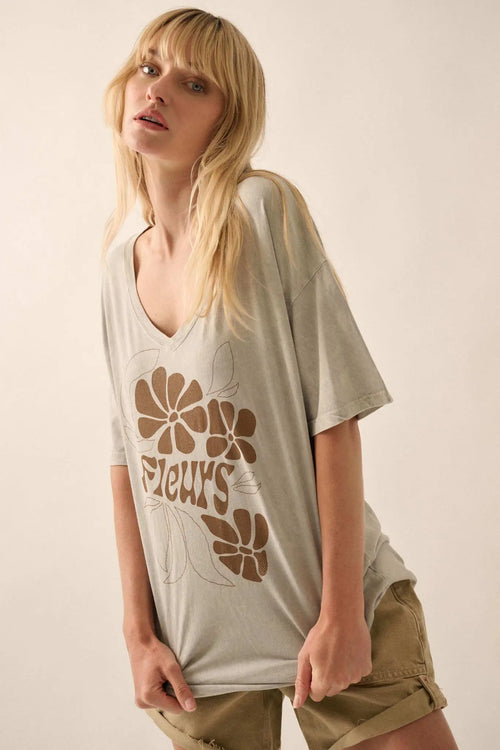 Fleurs Vintage-Wash V-Neck Graphic Tee