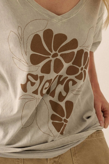 Fleurs Vintage-Wash V-Neck Graphic Tee
