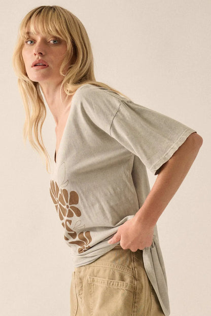 Fleurs Vintage-Wash V-Neck Graphic Tee