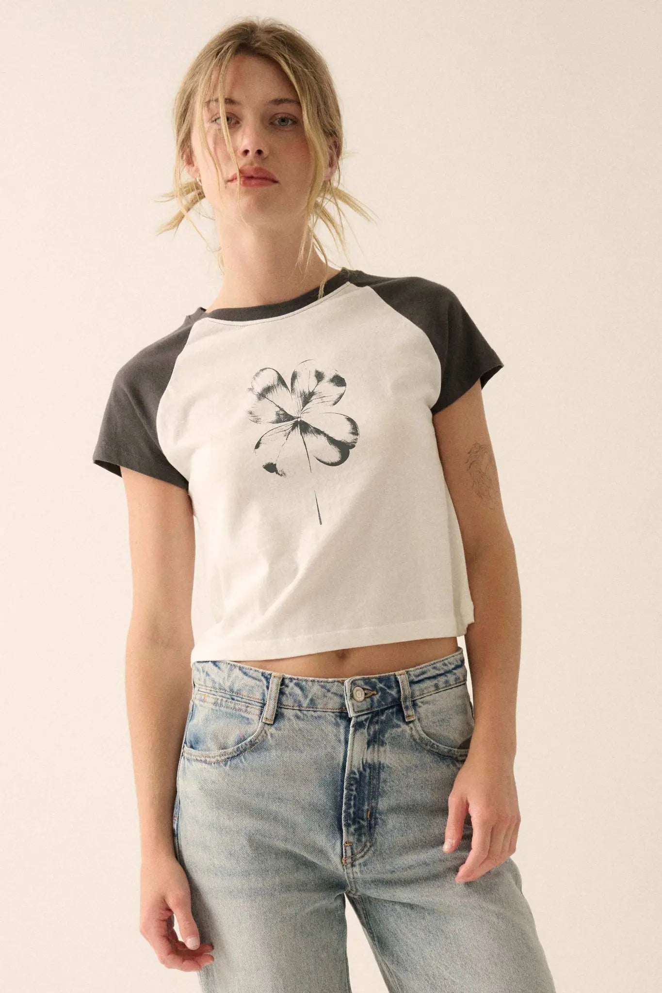 Lucky Clover Cropped Raglan Graphic Baby Tee