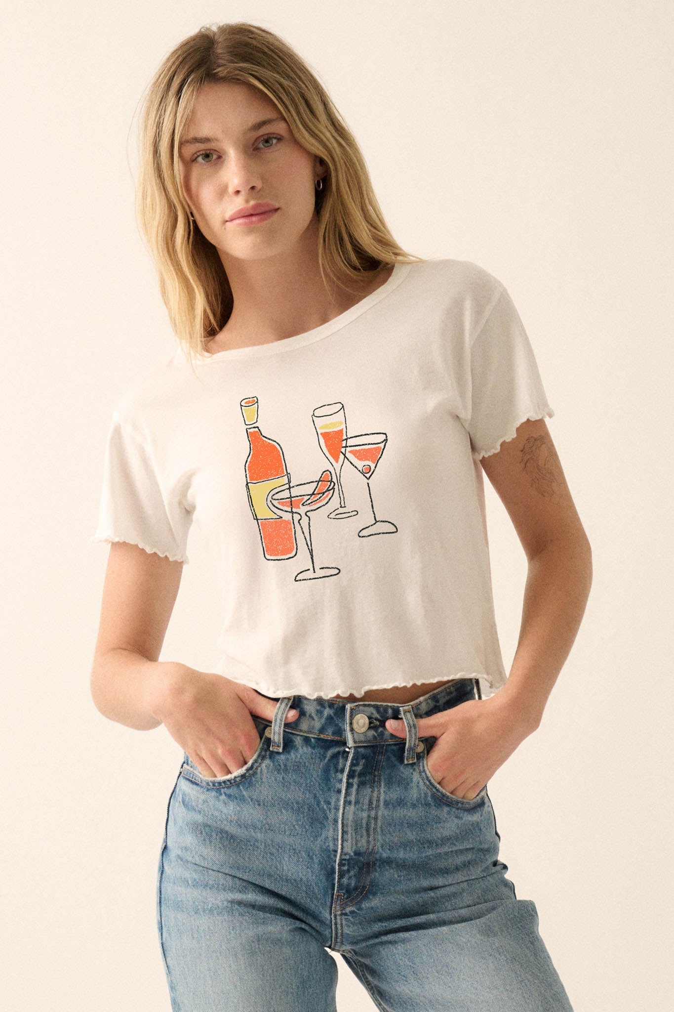 Happy Hour Cropped Lettuce-Edge Graphic Baby Tee