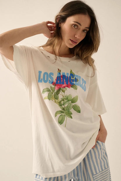 Los Angeles Rose Distressed Oversize Graphic Tee