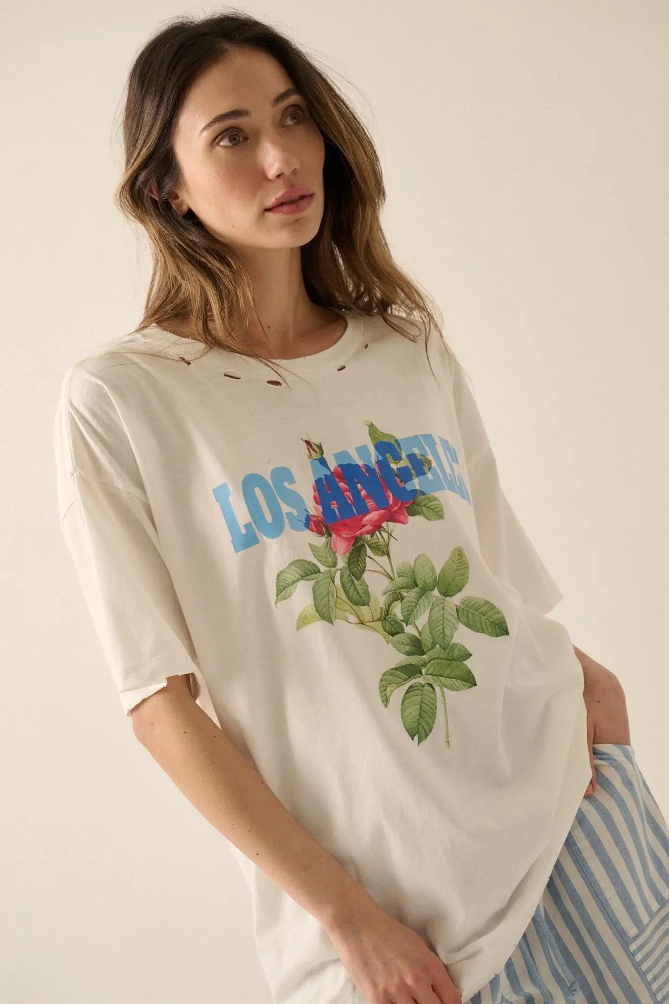 Los Angeles Rose Distressed Oversize Graphic Tee