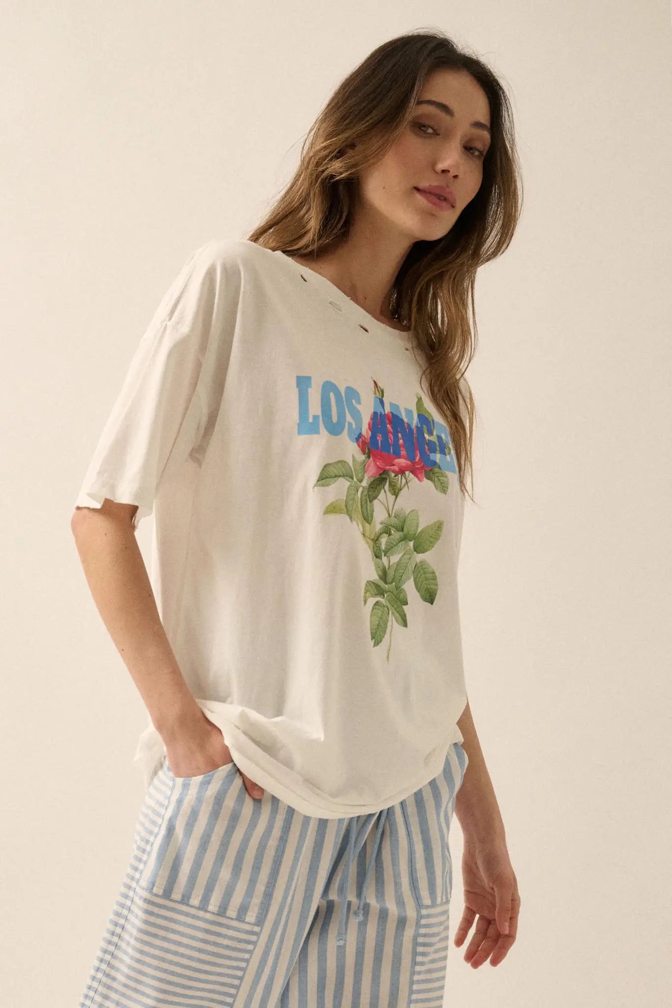 Los Angeles Rose Distressed Oversize Graphic Tee