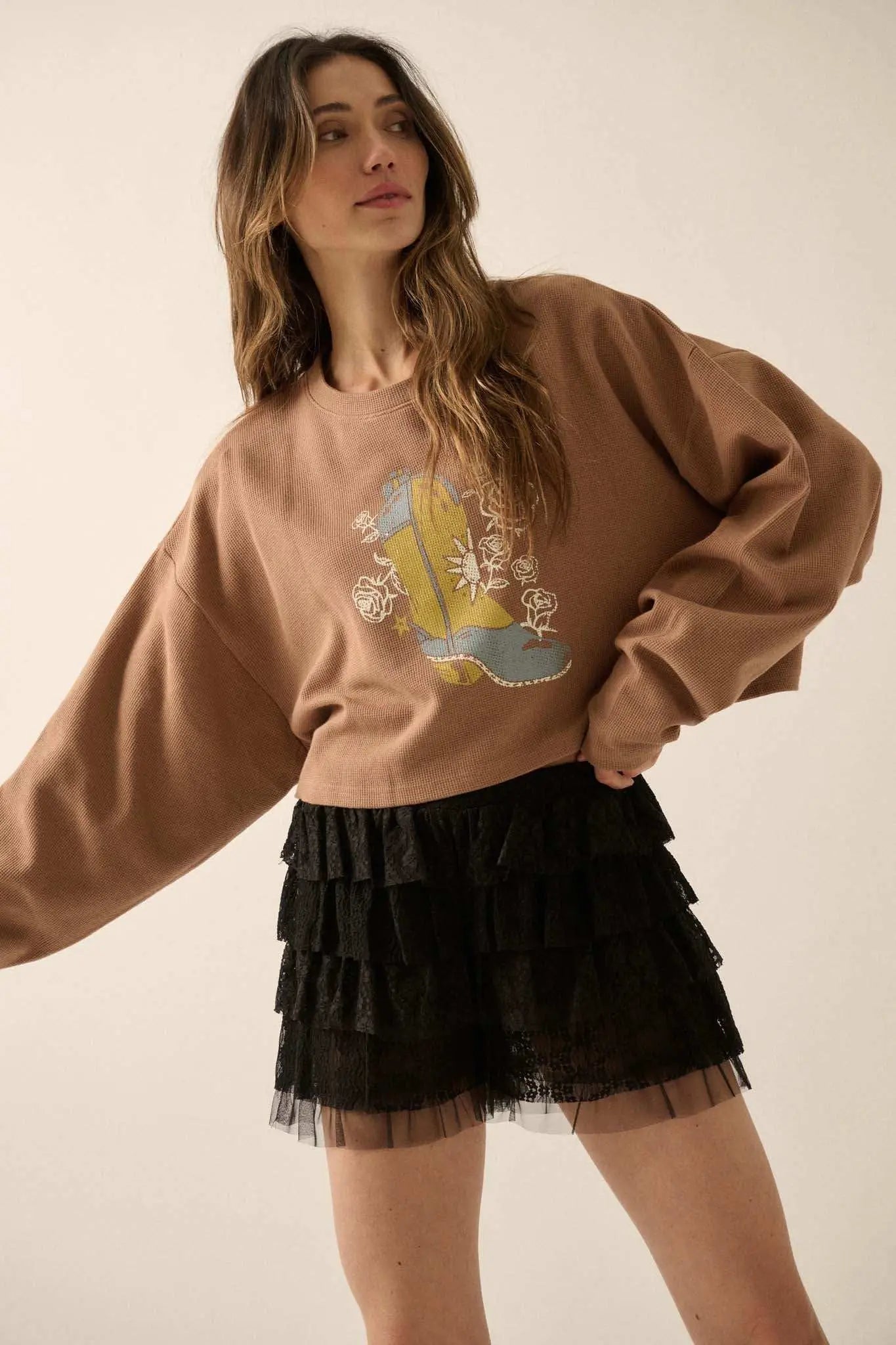 Boots and Roses Cropped Thermal Graphic Top