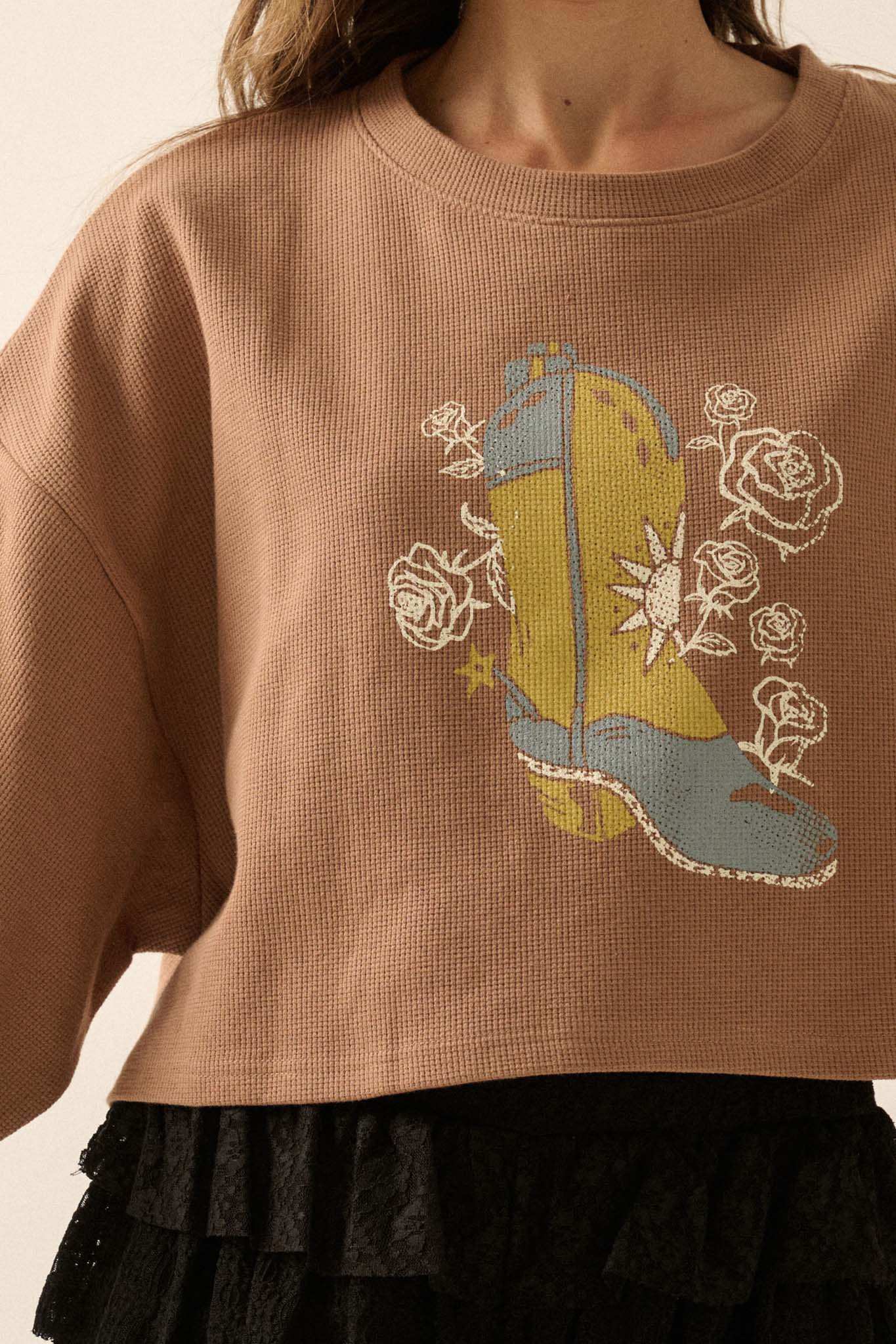 Boots and Roses Cropped Thermal Graphic Top