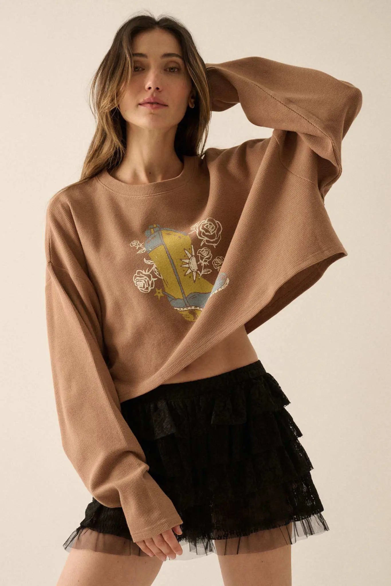 Boots and Roses Cropped Thermal Graphic Top