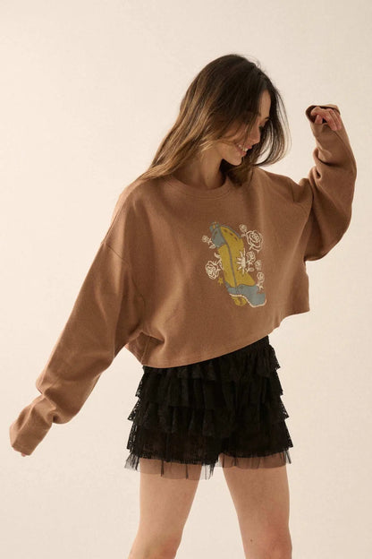 Boots and Roses Cropped Thermal Graphic Top
