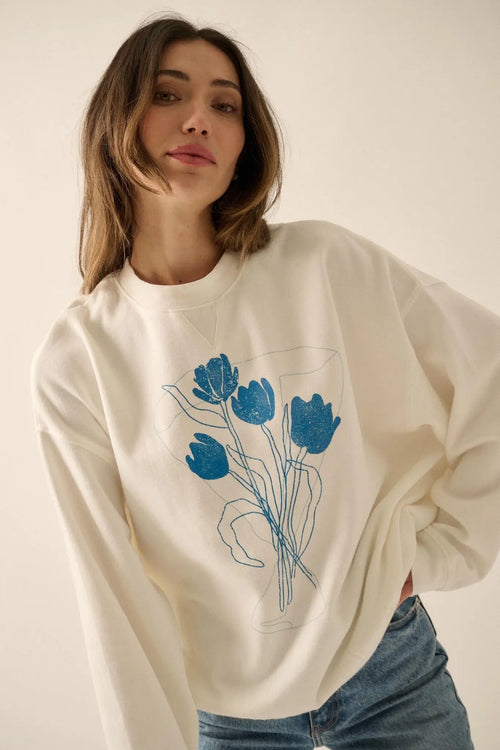 Blue Bouquet Vintage-Print Graphic Sweatshirt