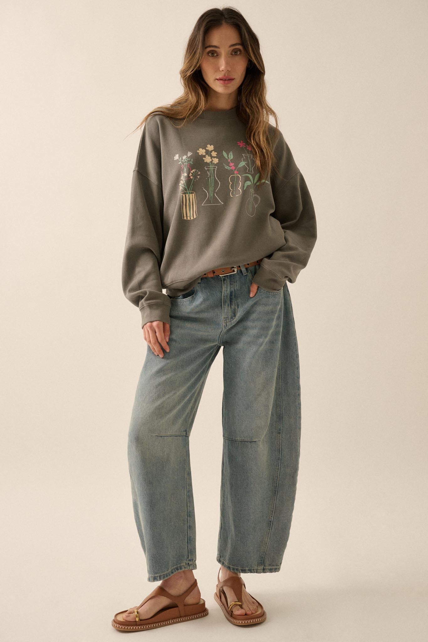 Floral Vases Vintage-Print Thermal Graphic Top