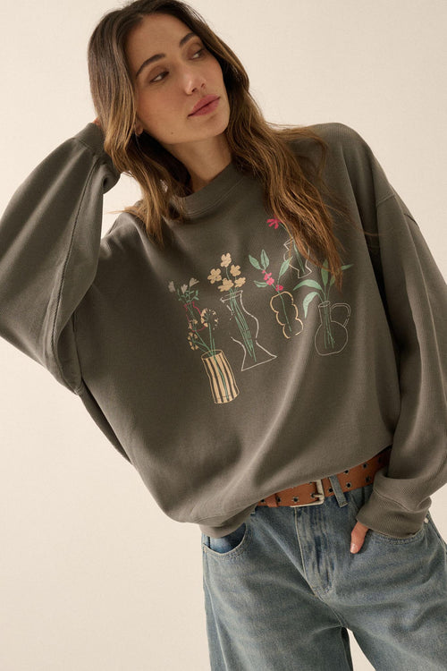 Floral Vases Vintage-Print Thermal Graphic Top