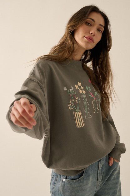 Floral Vases Vintage-Print Thermal Graphic Top
