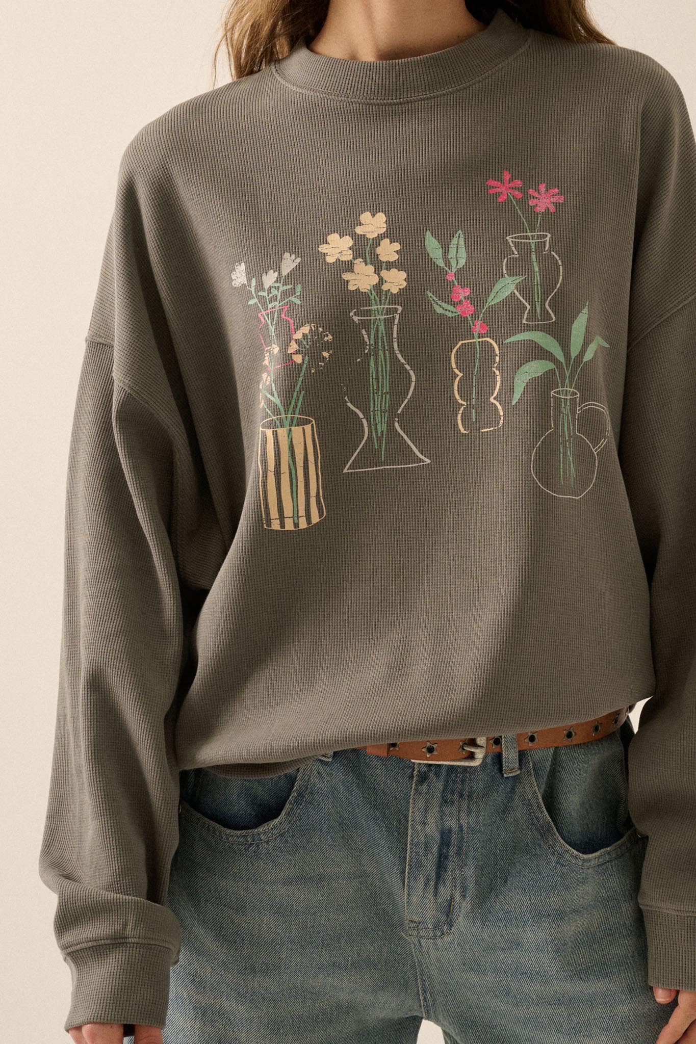 Floral Vases Vintage-Print Thermal Graphic Top