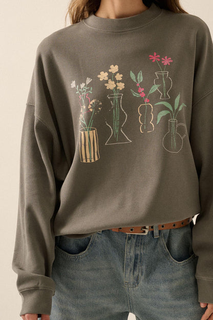 Floral Vases Vintage-Print Thermal Graphic Top