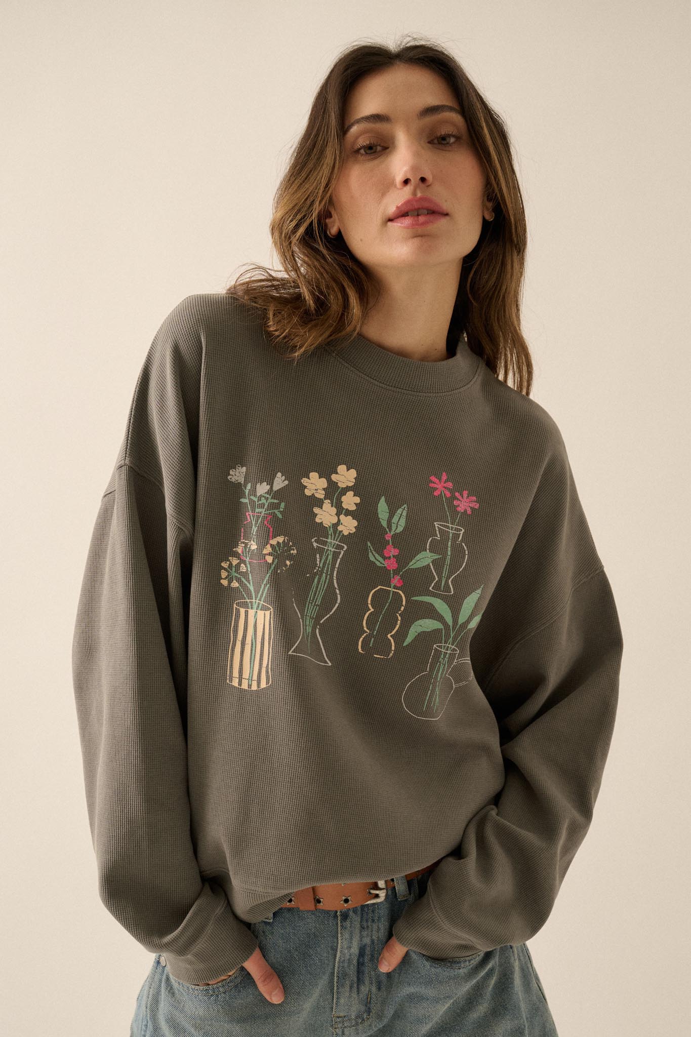 Floral Vases Vintage-Print Thermal Graphic Top