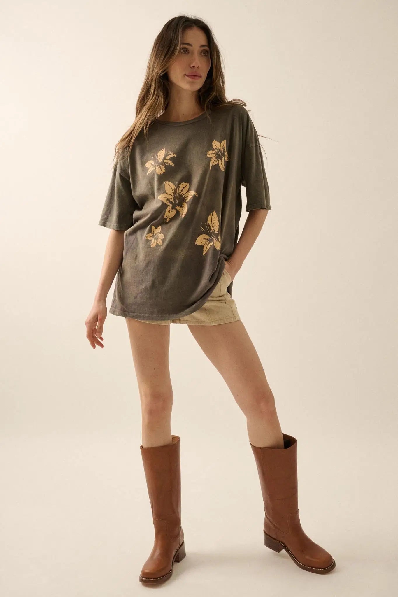 Lovely Lilies Vintage-Wash Oversize Graphic Tee