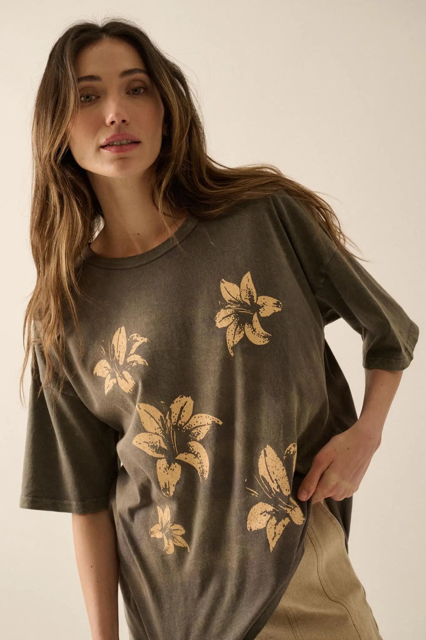 Lovely Lilies Vintage-Wash Oversize Graphic Tee