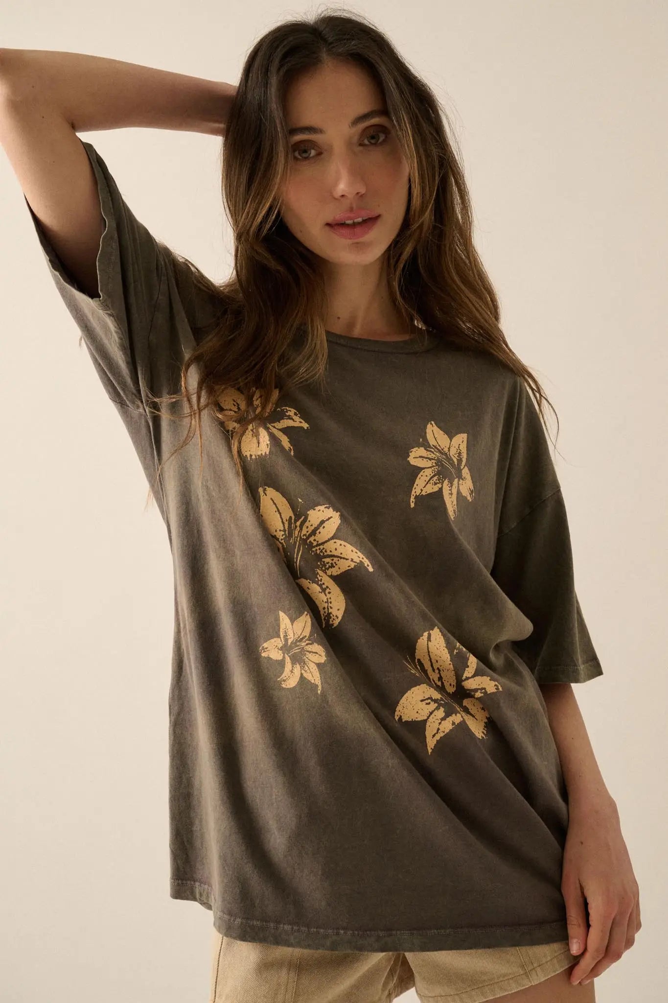 Lovely Lilies Vintage-Wash Oversize Graphic Tee