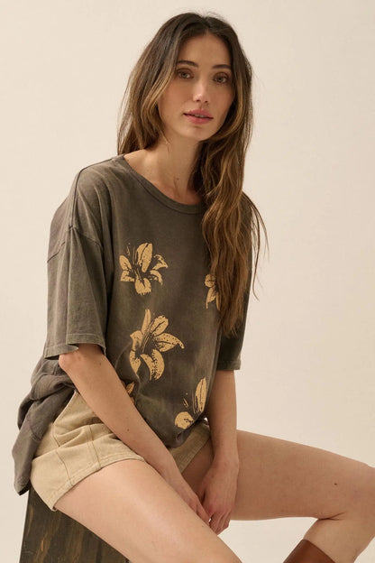 Lovely Lilies Vintage-Wash Oversize Graphic Tee