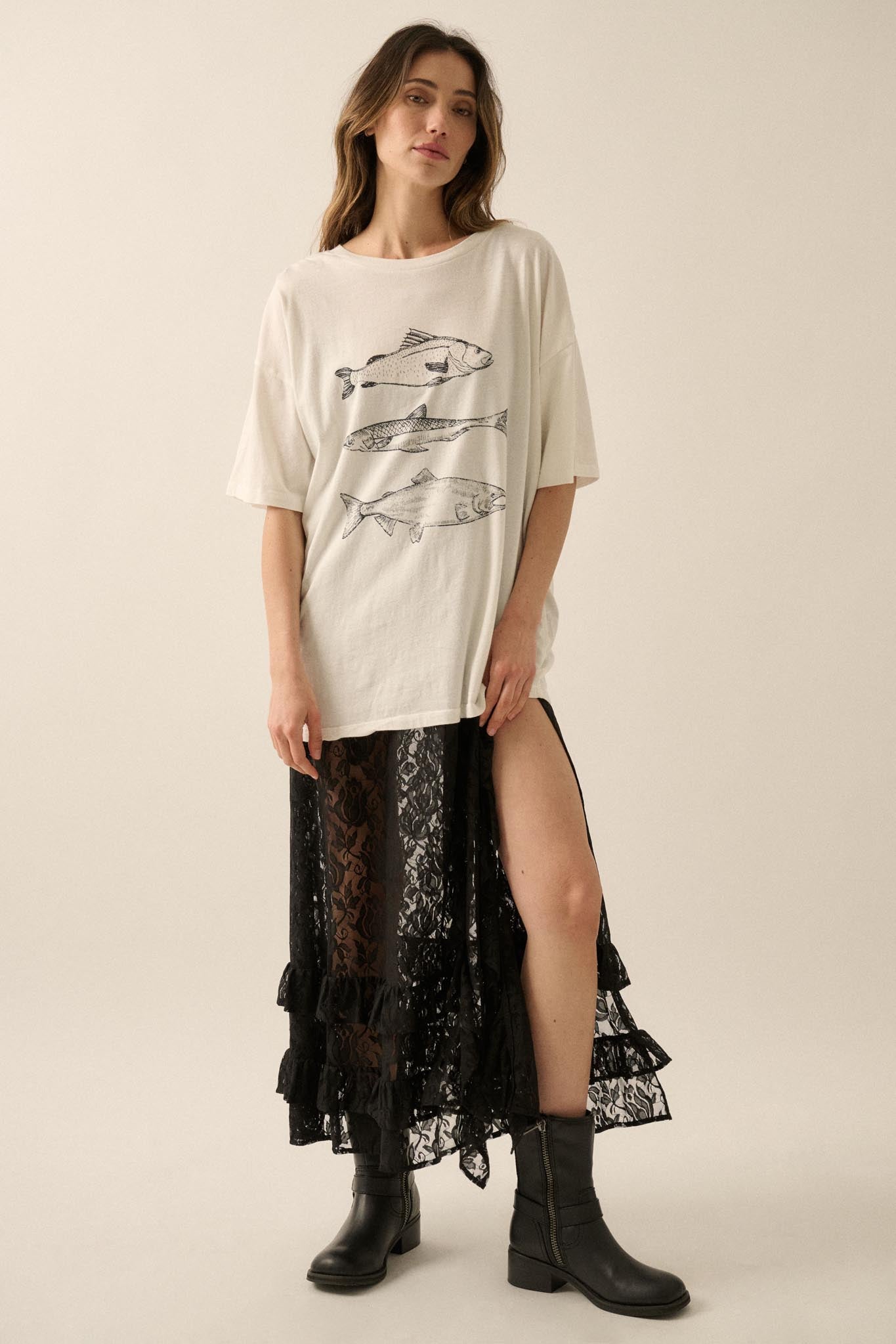 Go Fish Vintage-Print Oversize Graphic Tee