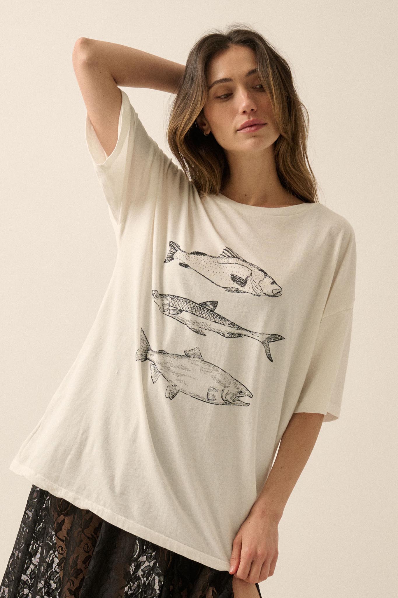 Go Fish Vintage-Print Oversize Graphic Tee