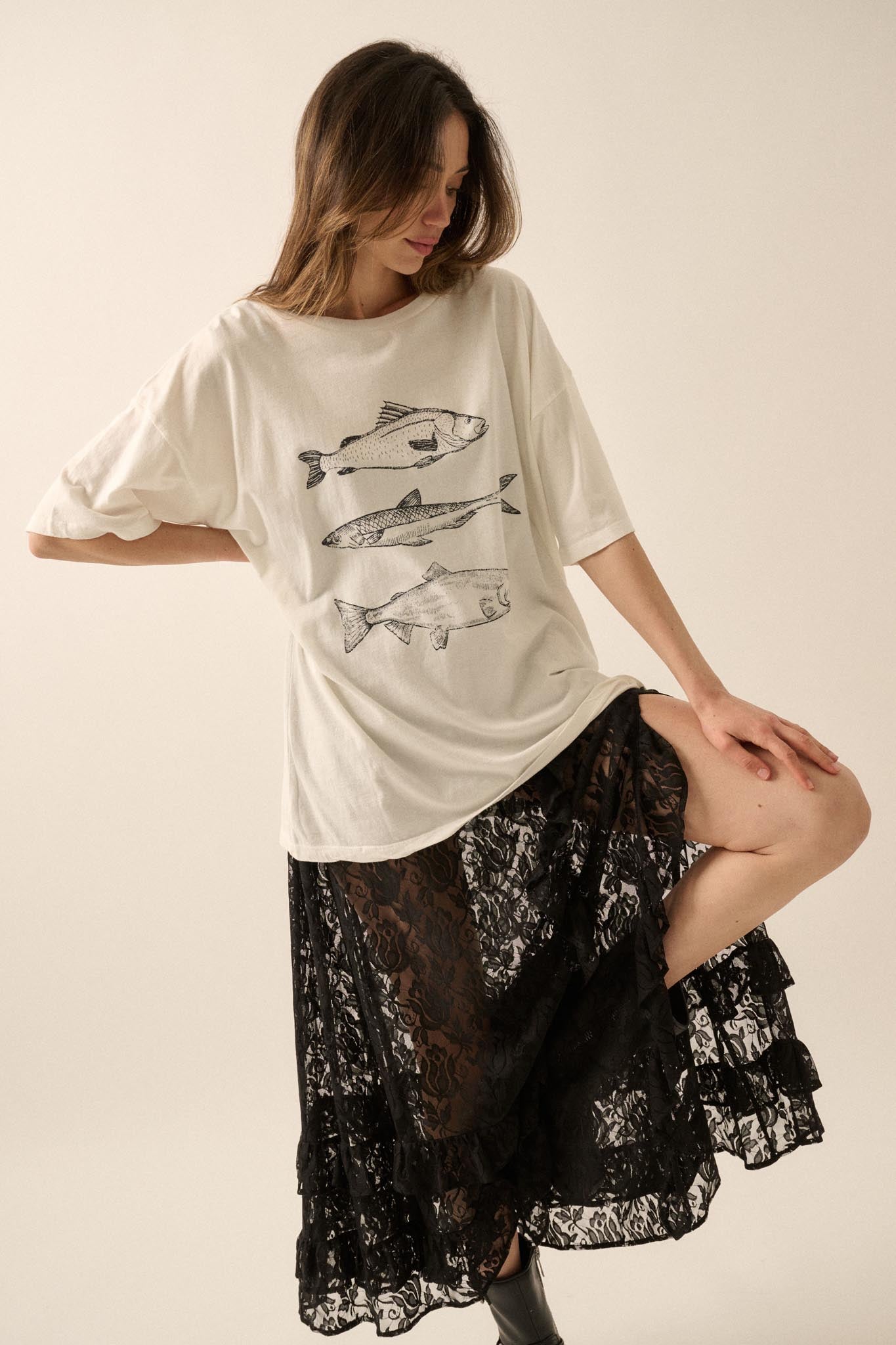 Go Fish Vintage-Print Oversize Graphic Tee