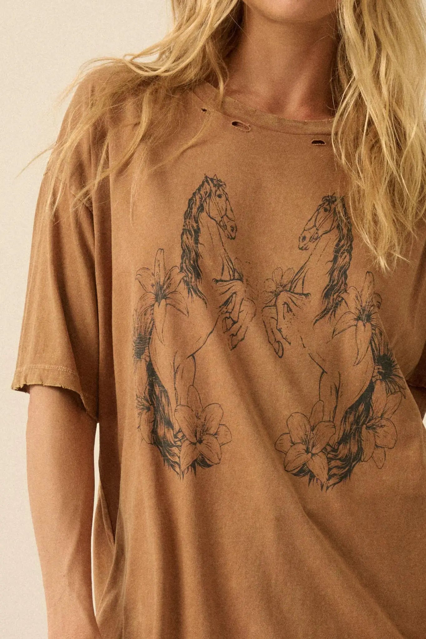 Floral Horses Distressed Oversize Graphic Tee