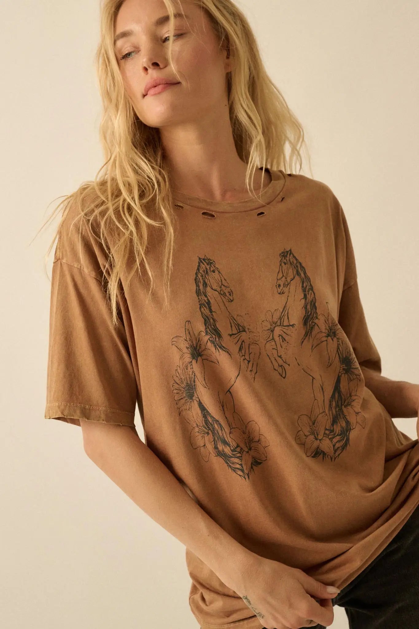 Floral Horses Distressed Oversize Graphic Tee