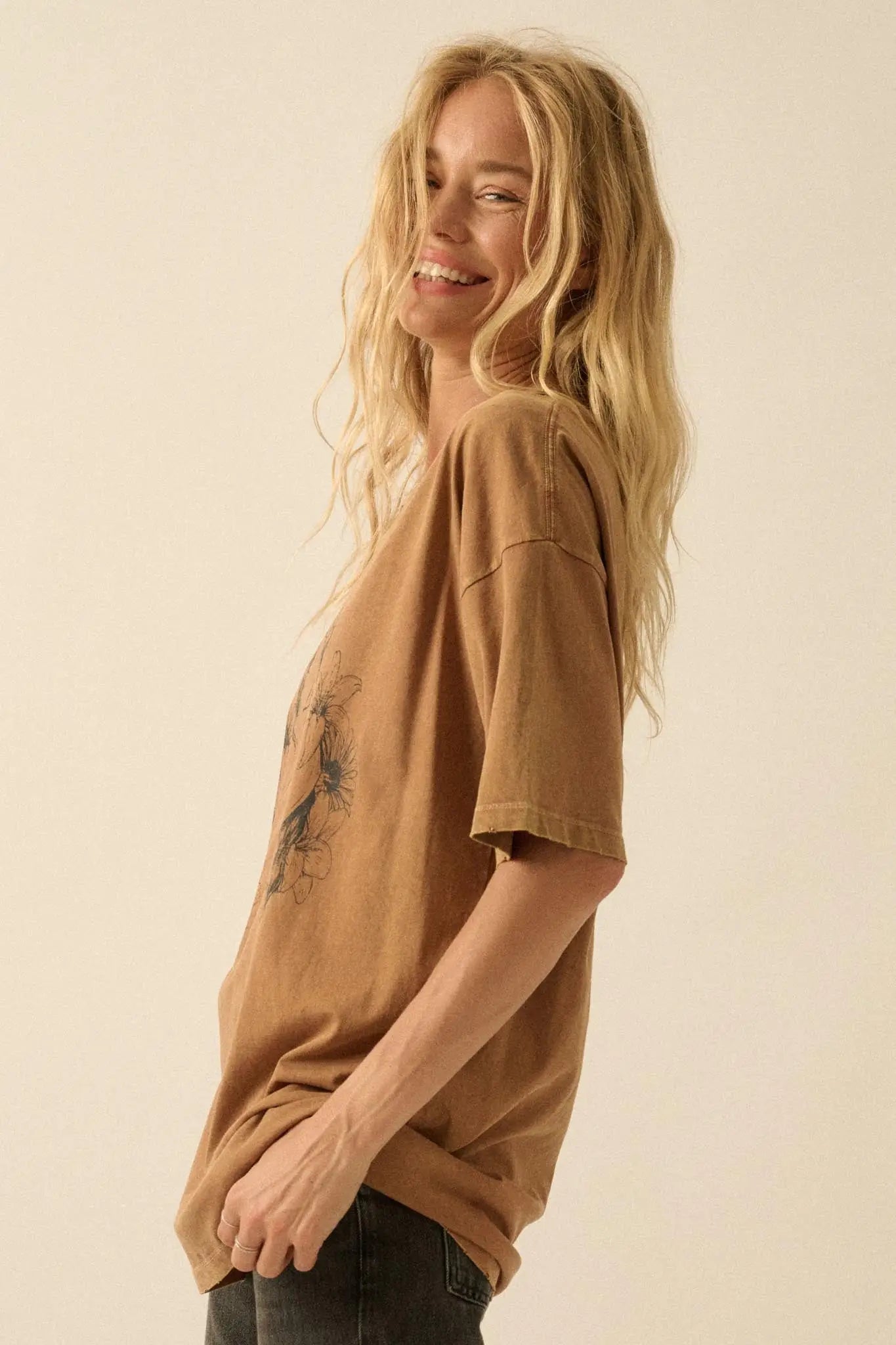 Floral Horses Distressed Oversize Graphic Tee