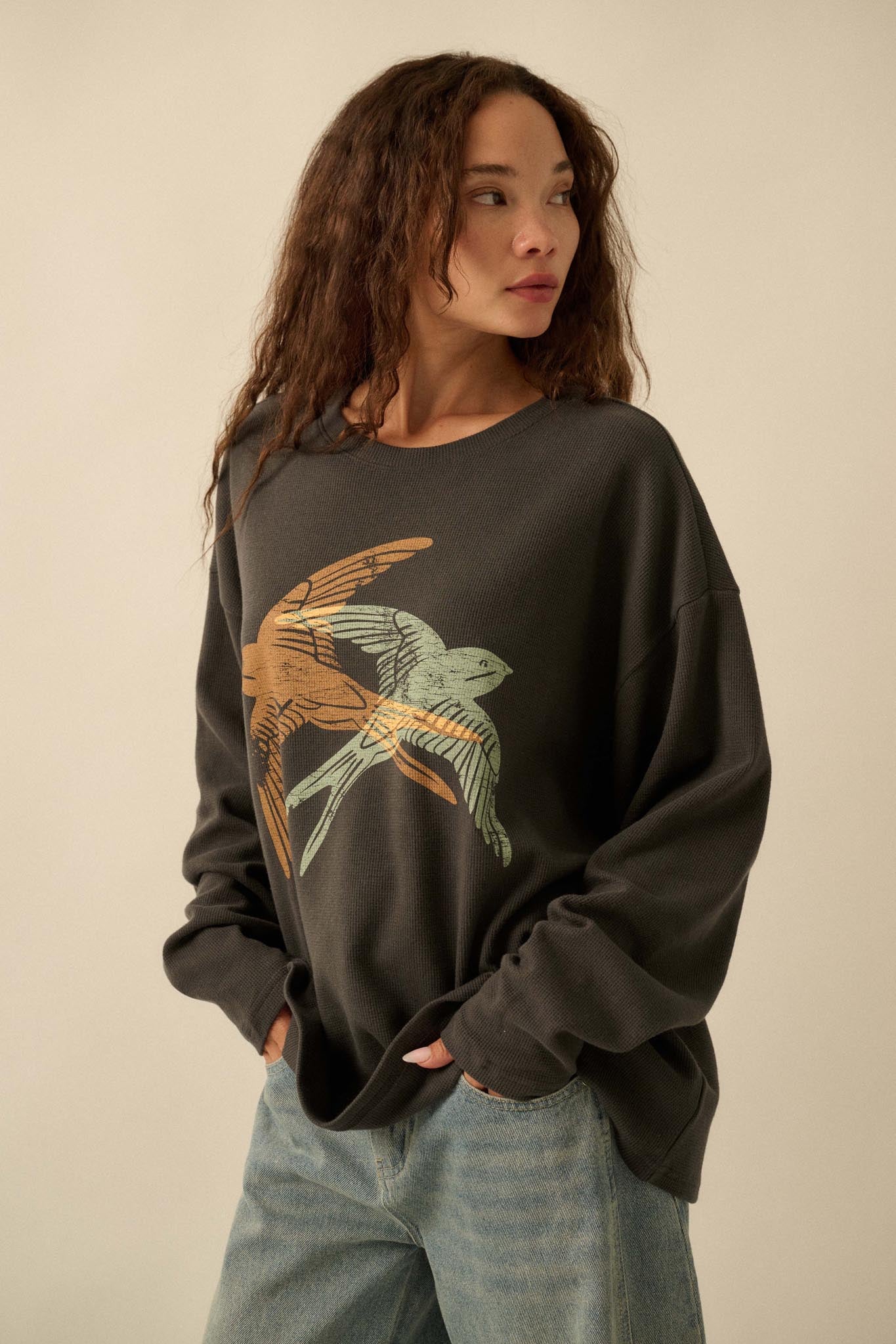 Birds of a Feather Oversize Thermal Graphic Top