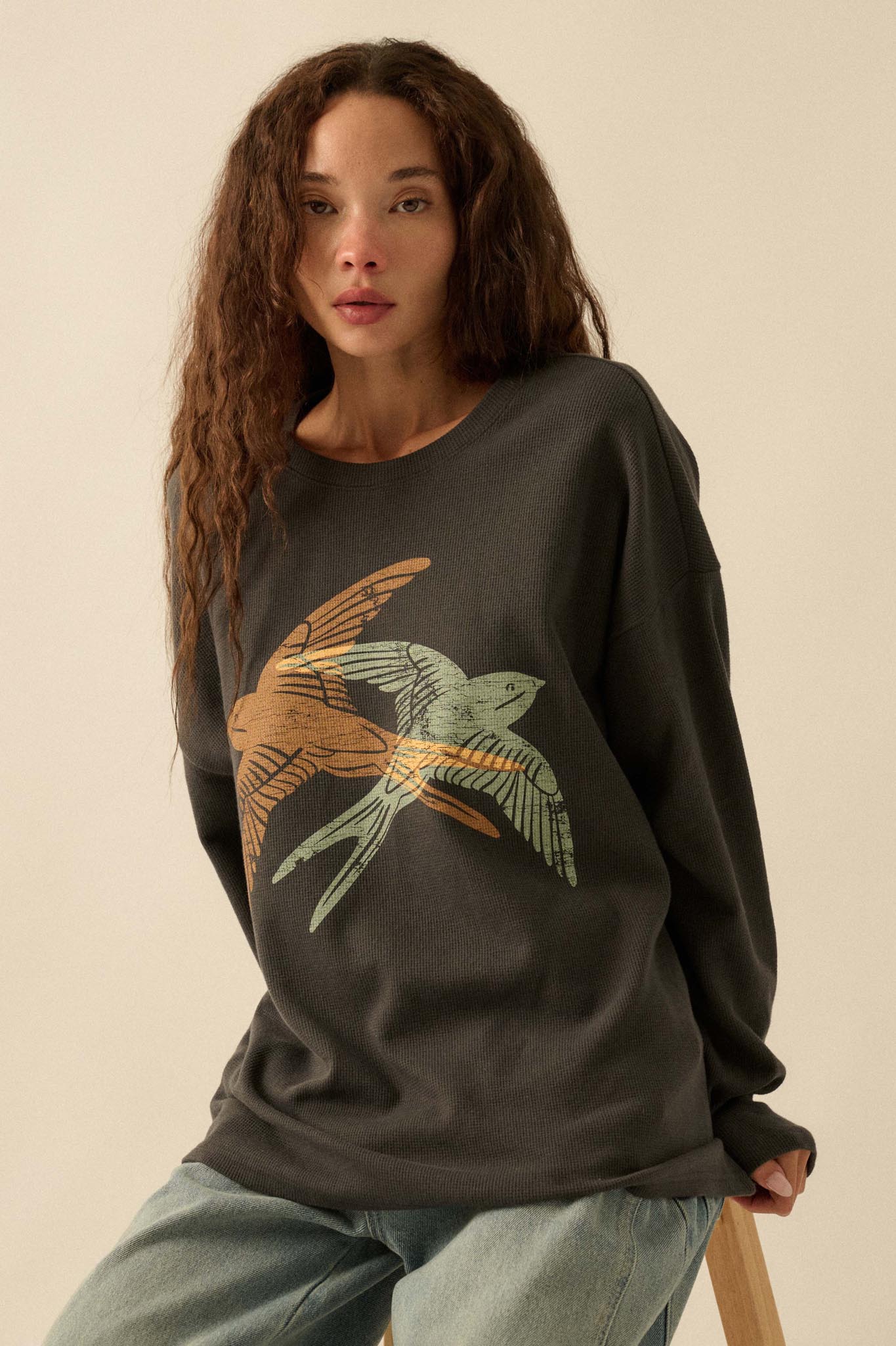 Birds of a Feather Oversize Thermal Graphic Top