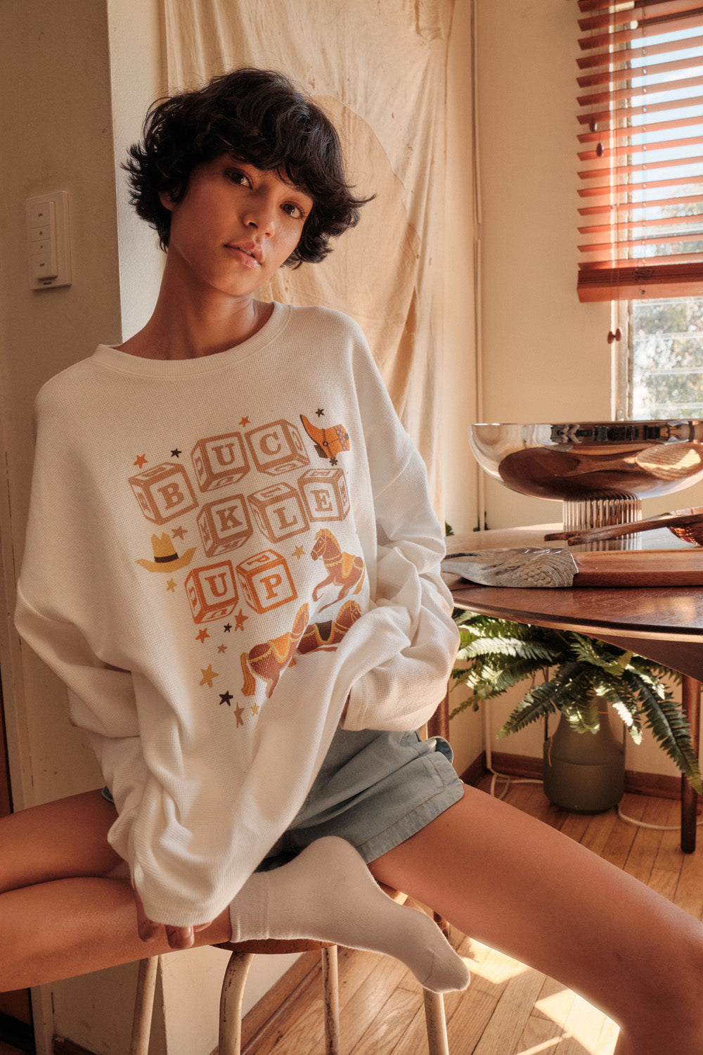 Buckle Up Oversize Western Thermal Graphic Top