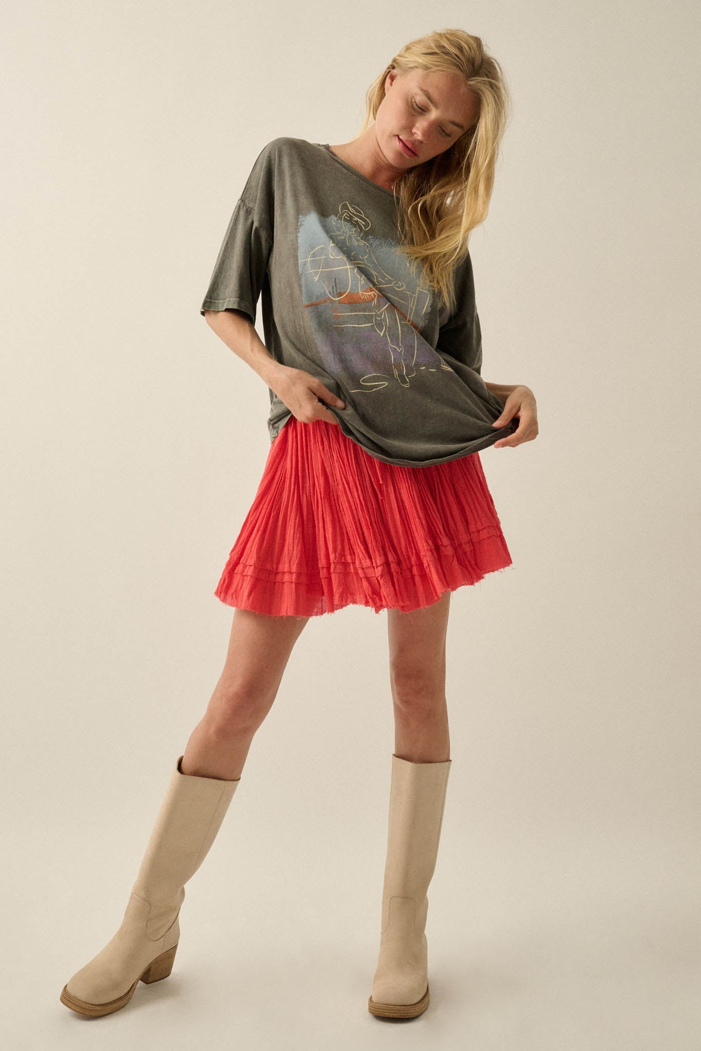 Cowgirl Pinup Vintage-Wash Oversize Graphic Tee