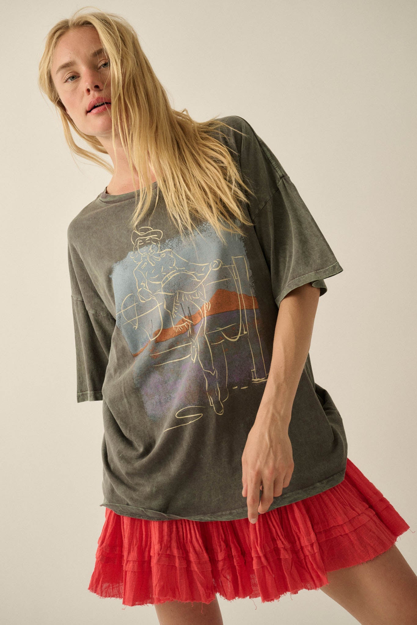 Cowgirl Pinup Vintage-Wash Oversize Graphic Tee