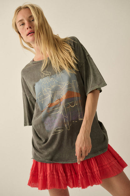 Cowgirl Pinup Vintage-Wash Oversize Graphic Tee