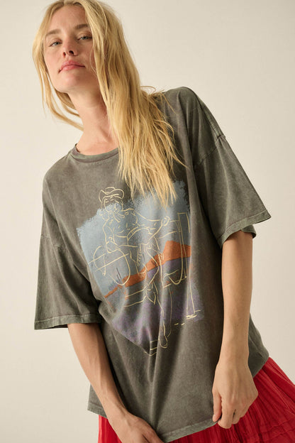 Cowgirl Pinup Vintage-Wash Oversize Graphic Tee