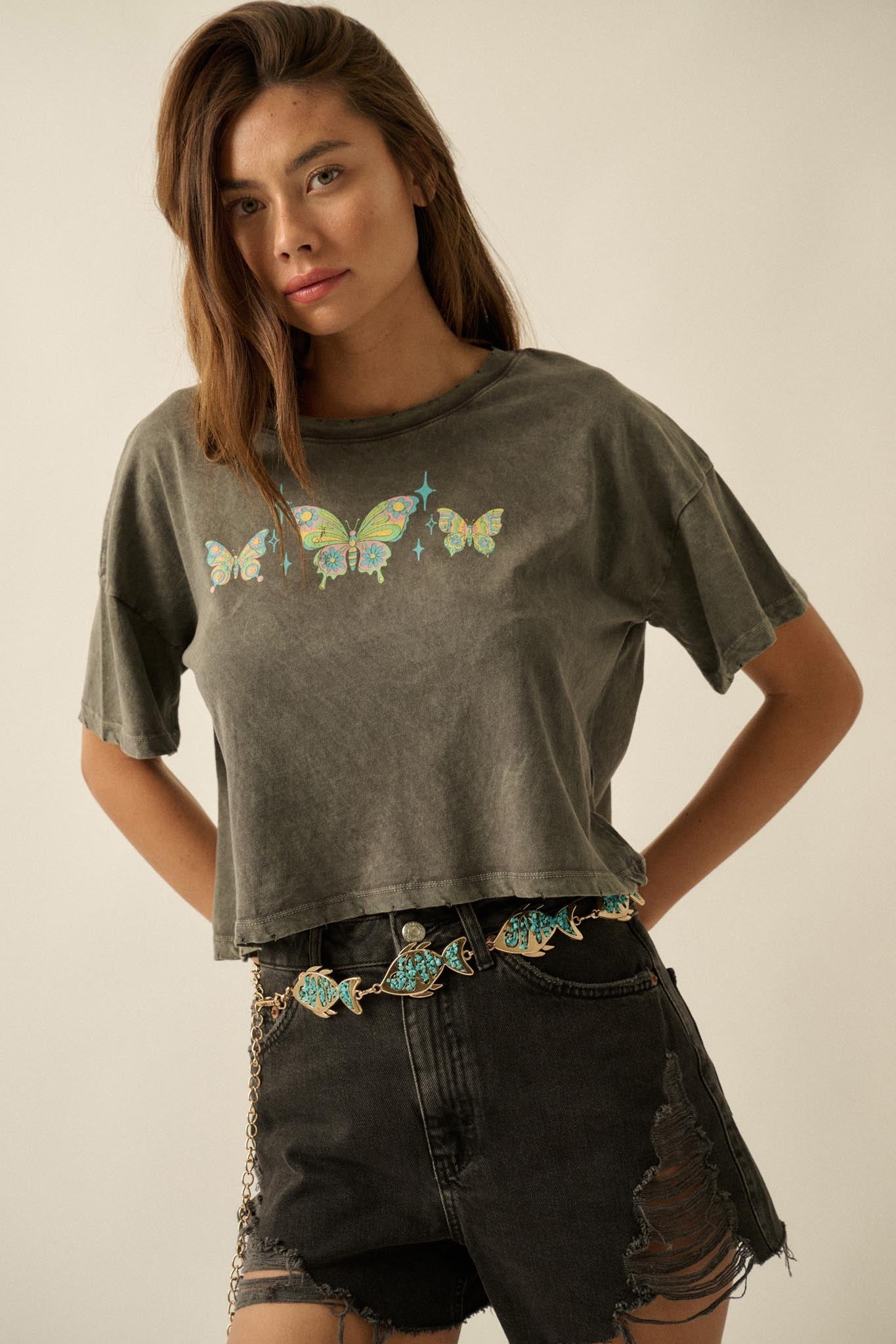 Butterfly Babe Vintage-Wash Cropped Graphic Tee