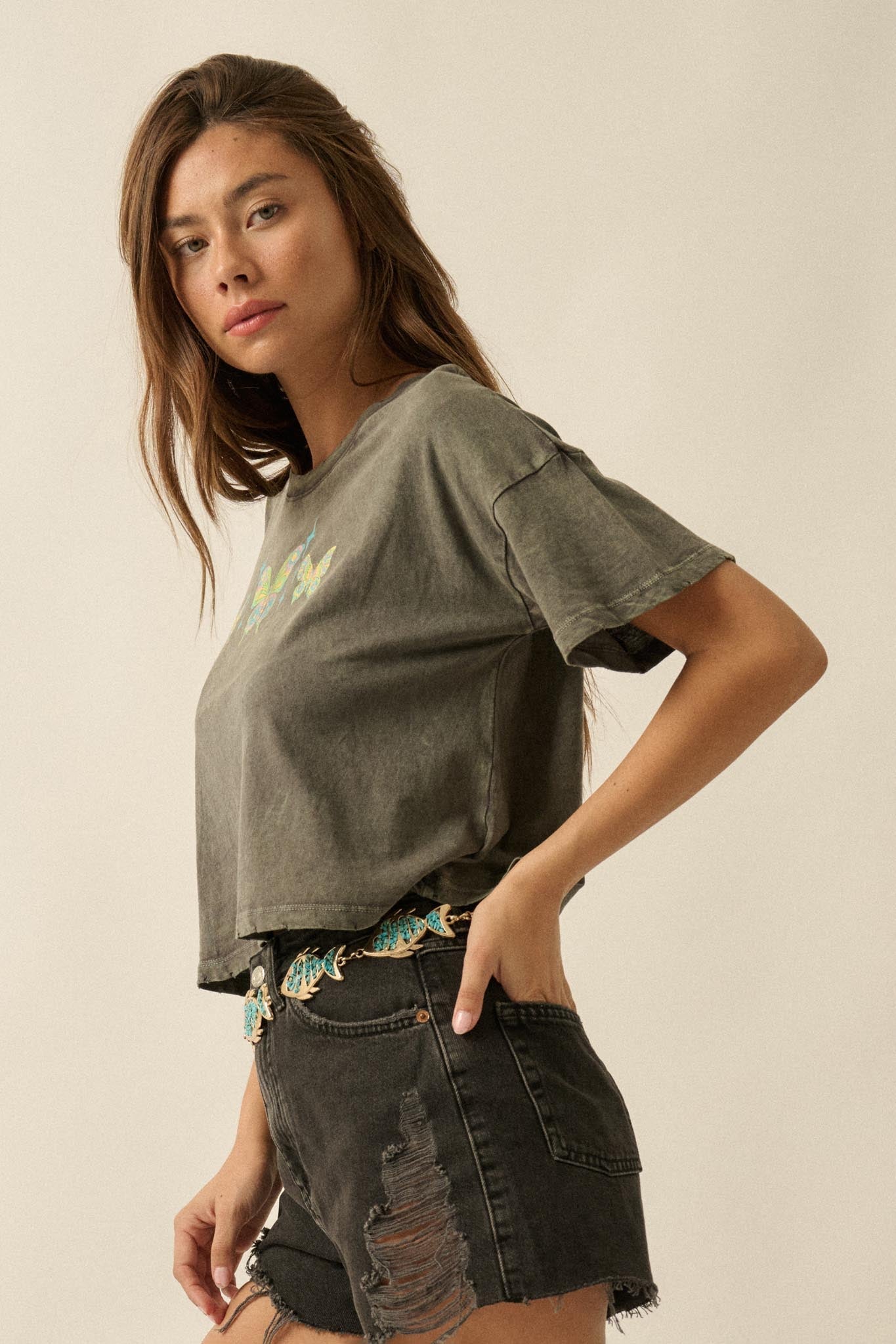 Butterfly Babe Vintage-Wash Cropped Graphic Tee