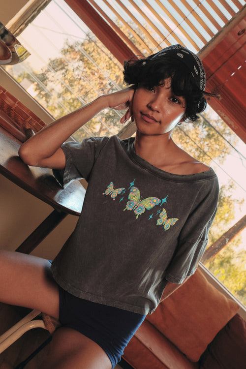 Butterfly Babe Vintage-Wash Cropped Graphic Tee