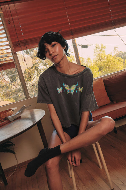 Butterfly Babe Vintage-Wash Cropped Graphic Tee
