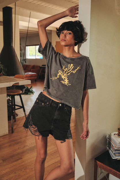 Leap Frog Vintage-Wash Cropped Graphic Tee