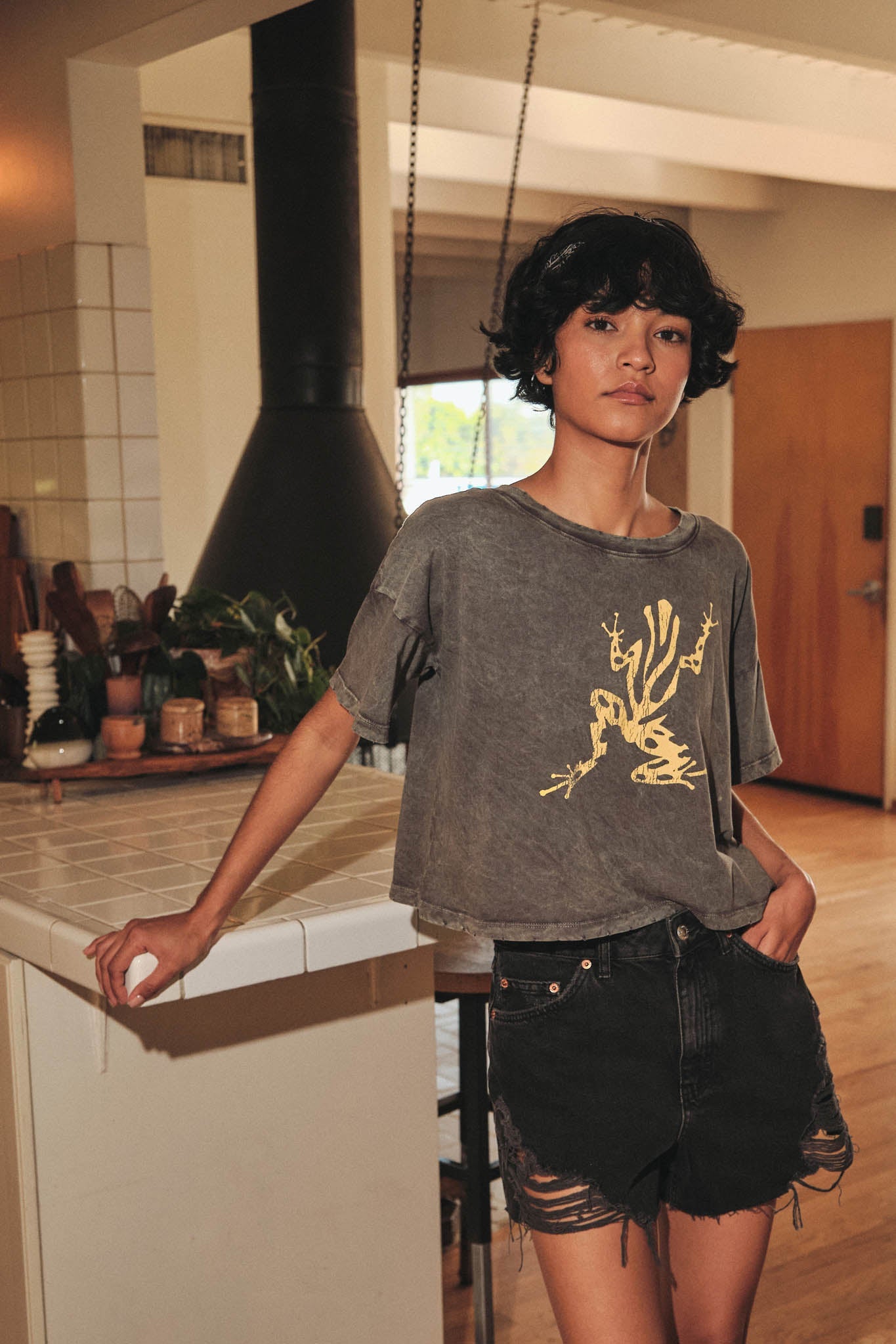 Leap Frog Vintage-Wash Cropped Graphic Tee
