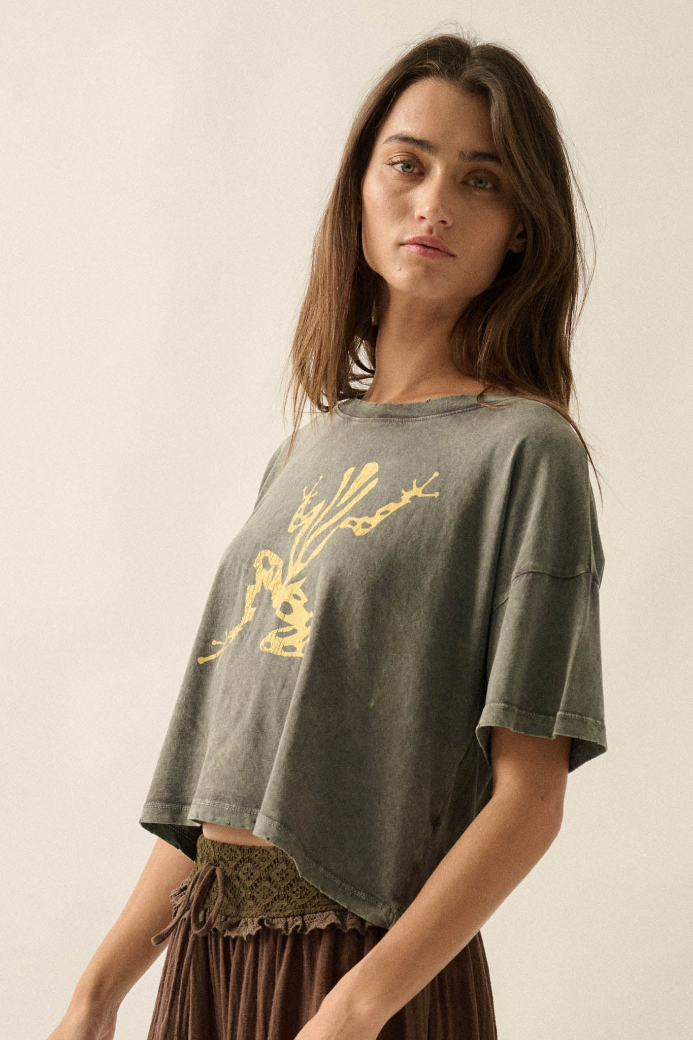 Leap Frog Vintage-Wash Cropped Graphic Tee