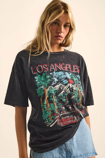 LA Road Trip Vintage-Wash Oversize Graphic Tee
