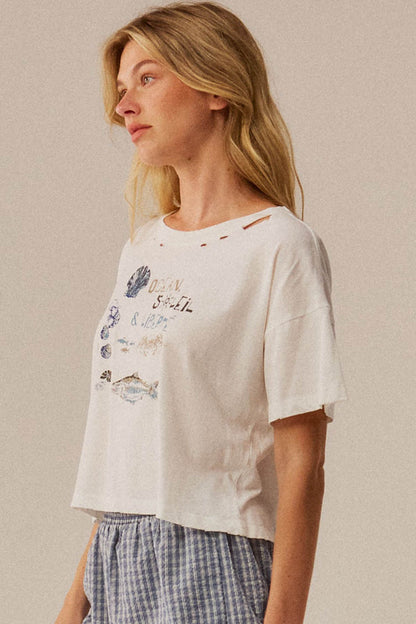 Océan Soleil Liberté Distressed Cropped Graphic Tee